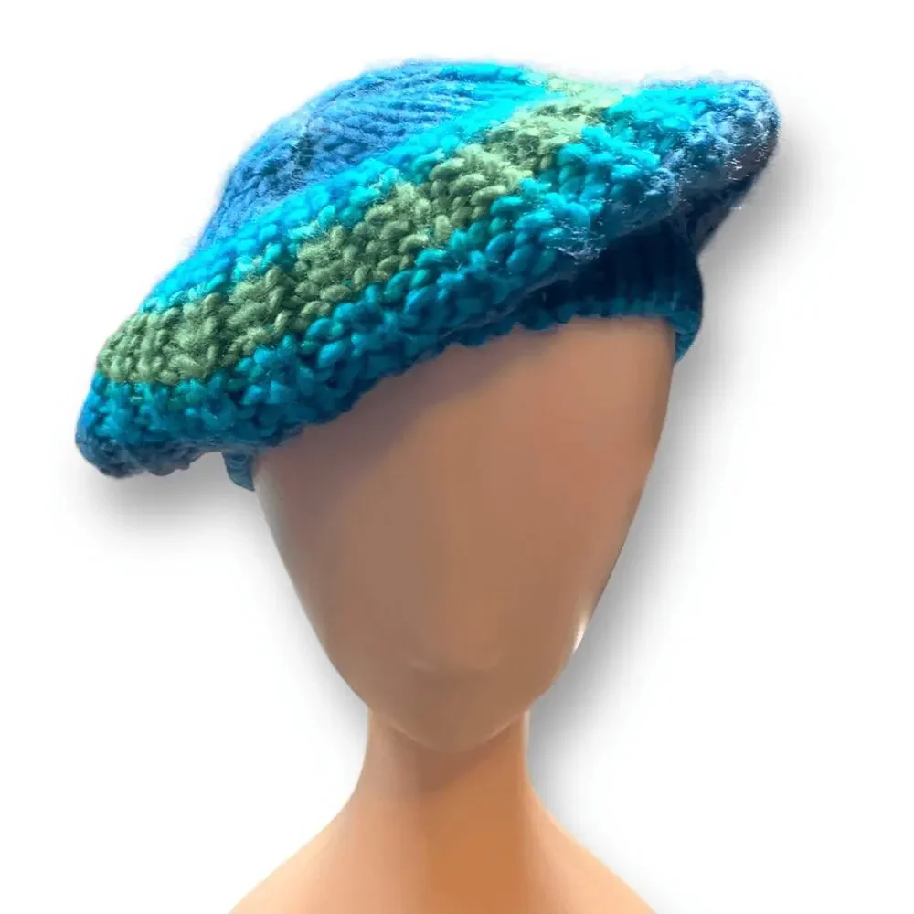 Knit Beret Hat Green Blue Tonal Shades Slouchy‎ Multicolor Winter Cap Warm